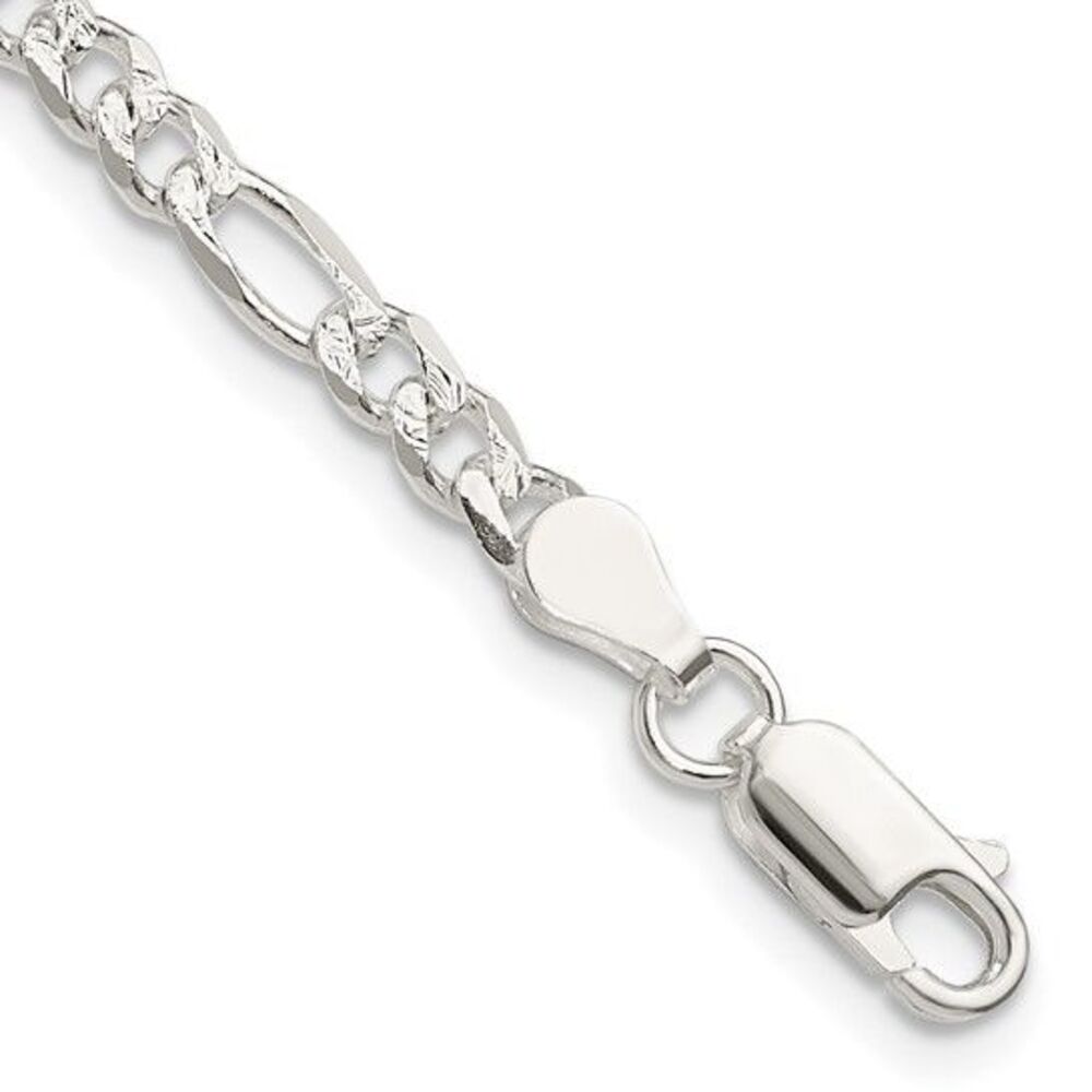 4mm, Sterling Silver, Pave Flat Figaro Chain Bracelet, 7 Inch